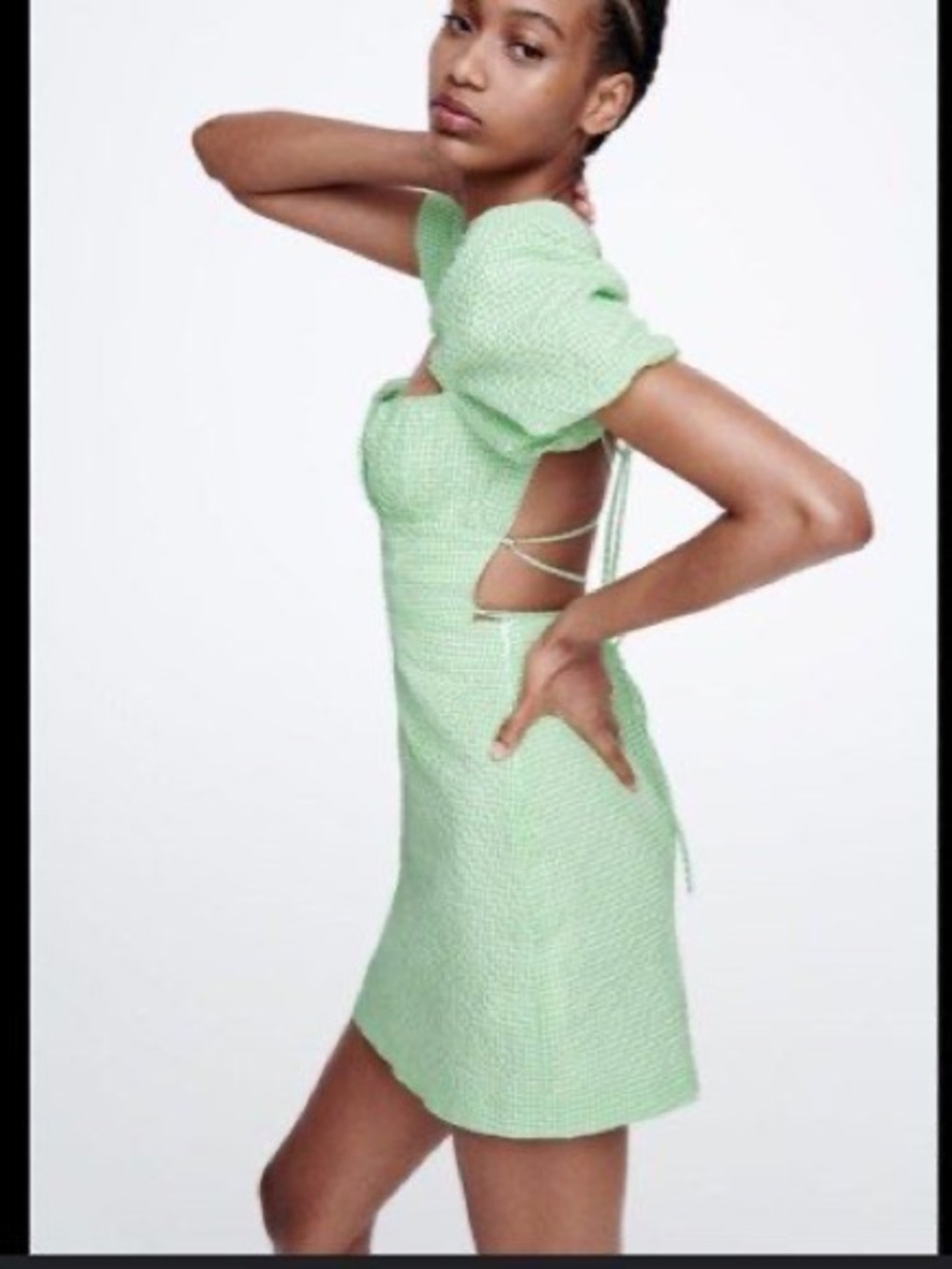 Zara Light Green Gingham Puff-Sleeve Mini Dress - worn only once - Picture 6 of 7